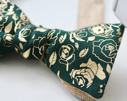 Bowtie, GoldFoil / Floral Forest Green, Raw Silk