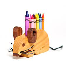 Pencil Holder, Mouse, Various woods, Crayons included