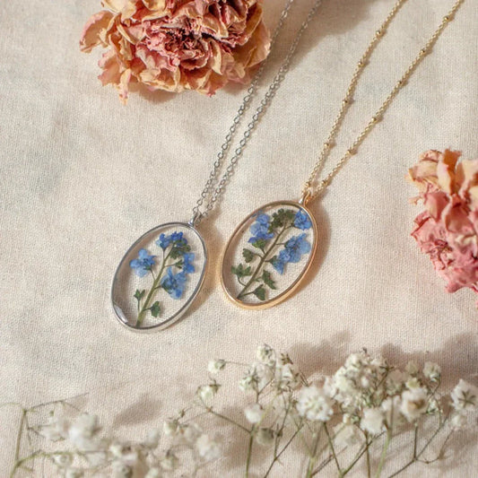 Necklace, Forget Me Not, Pressed Dried Flowers, Pendant, Sterling Silver