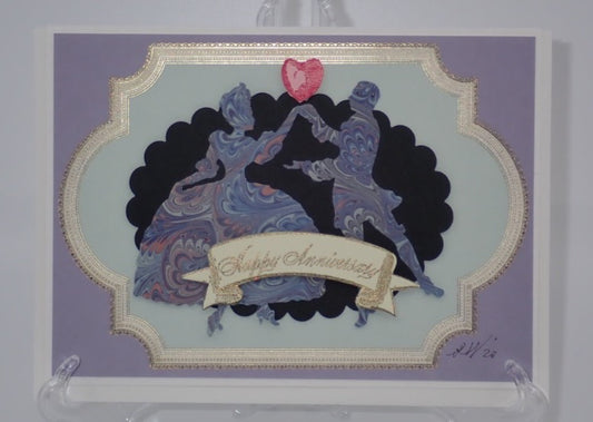Birthday Card, Victorian Inspired, Marbled Dancers Silhouette, "Happy Anniversary", Paper Craft
