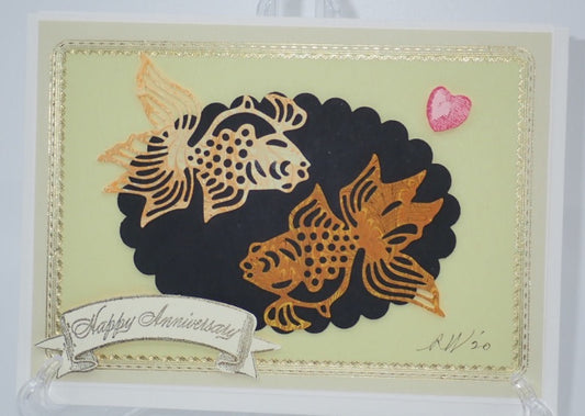 Birthday Card, Victorian Inspired, Marbled Fish, "Happy Anniversary", Paper Craft