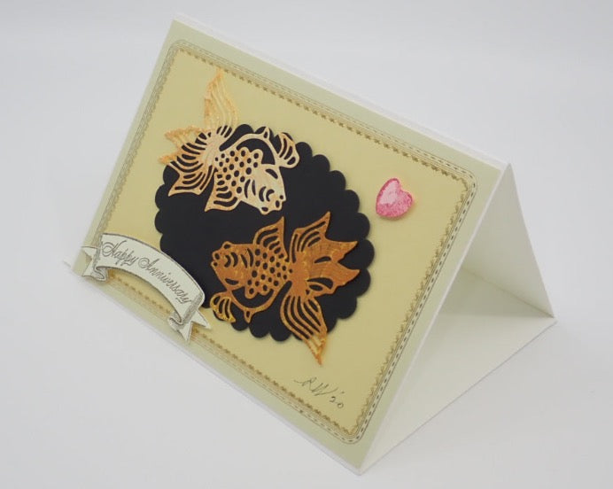 Birthday Card, Victorian Inspired, Marbled Fish, "Happy Anniversary", Paper Craft
