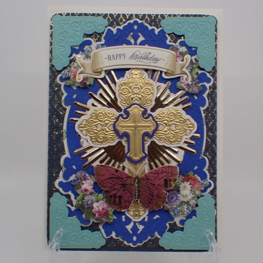 Birthday Card, Cross on Blue, "Happy Birthday", Paper Craft