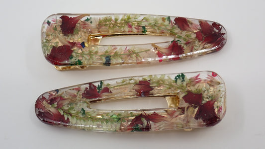 Hair Clips, Set of Two, Dried Flowers, Resin, Open Rectangle and Teardrop Shapes