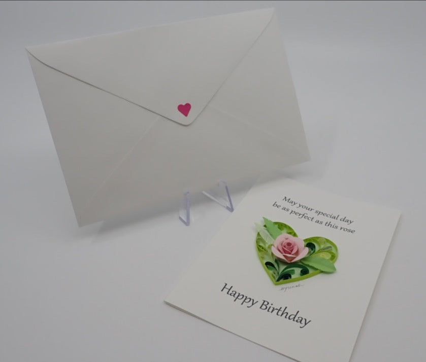Birthday Card, Heart with Rose, Quilled Art Card