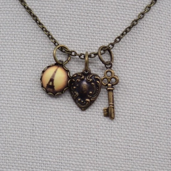 Necklace, I Love Paris, Vintage, Charms, Brass