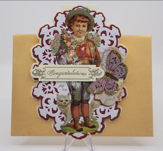 Congratulations Card, Boy & Butterfly, Easel Card, Victorian Inspired