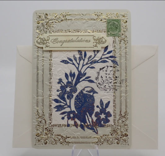 Congratulations Card, Marbled Blue Bird, Victorian Inspired