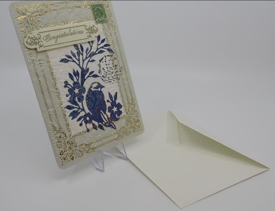 Congratulations Card, Marbled Blue Bird, Victorian Inspired