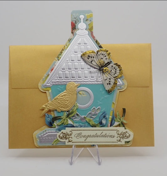 Congratulations Card, Bird House & Butterfly, Easel Card, Victorian Inspired