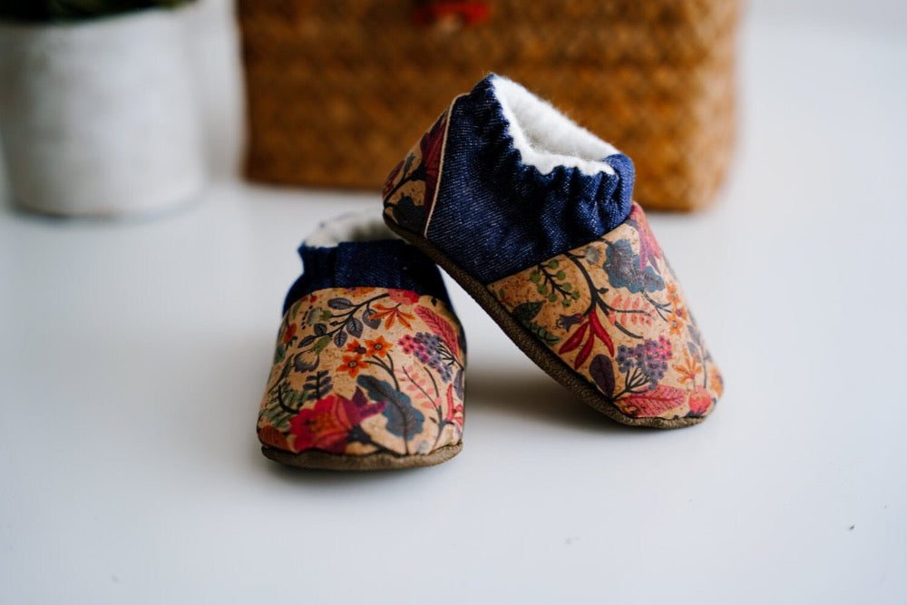 Slippers, Baby, Alice Shooty, Cork fabric, Folk floral, Denim (+ Options)