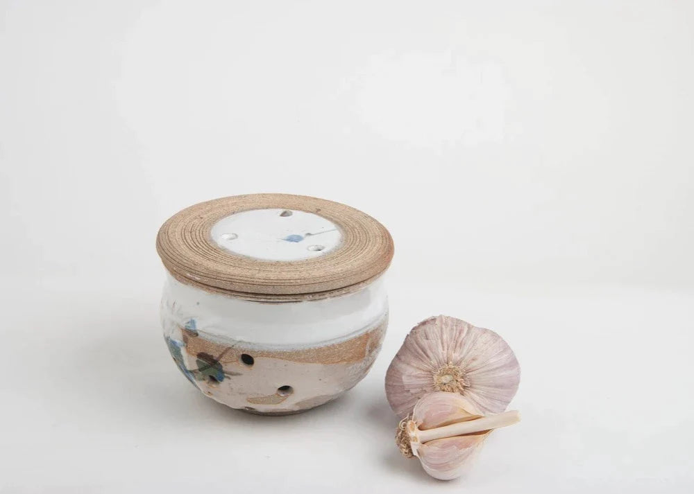 Garlic Keeper, Ceramic, Blue and Sand, Small