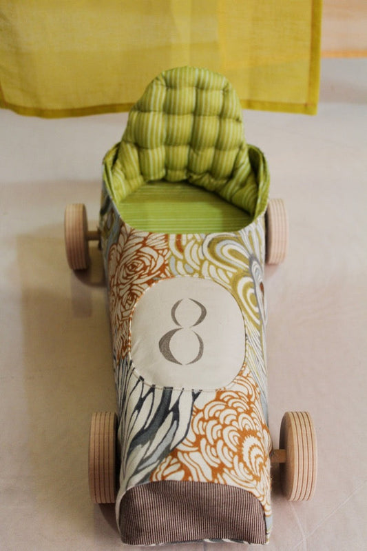 Push-Toy, V-8 Bloomer Race Car, Soft Textiles, Hand Embroidered
