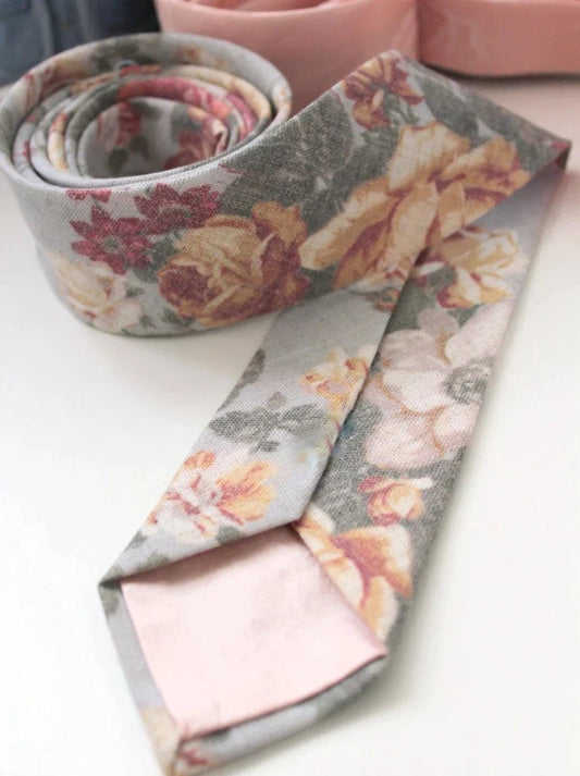 Necktie, Vintage Inspired Floral, Grey and Blue, Linen