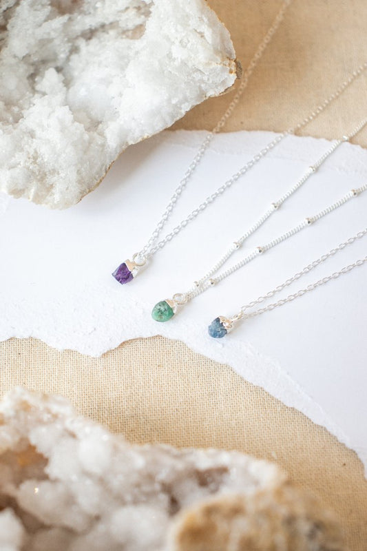 Necklace, Tiny Rough Gemstone, Sterling Silver (+ Options)