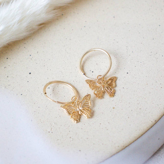 Earrings, Butterfly Dangle Hoop, Gold Filled, Gold Plated