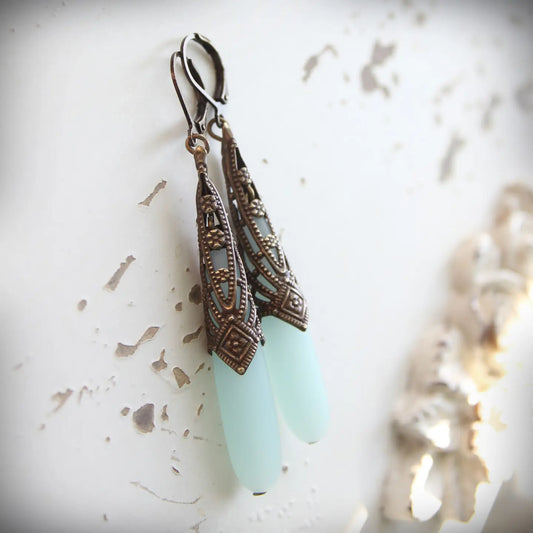 Earrings, Seafoam Blue Frosted Glass Drops, Art Deco Style