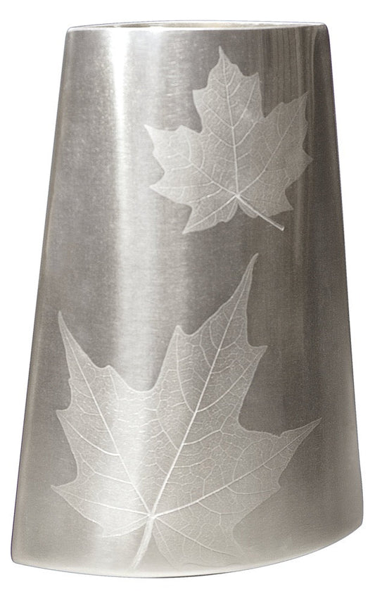 Vase, Pewter, Etched, Maple Leaves, Oval Opening, 8"
