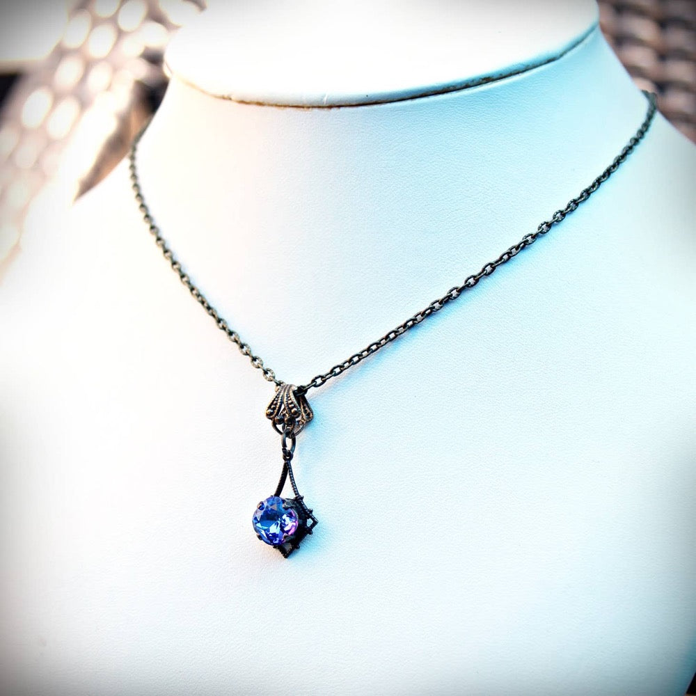Necklace, Deep Bermuda Blue, Cushion Cut Crystal, Vintage Style, Brass