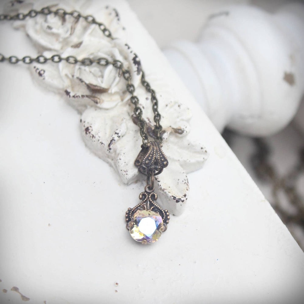 Necklace, Petite Radiance Crystal, Brass, Vintage Style