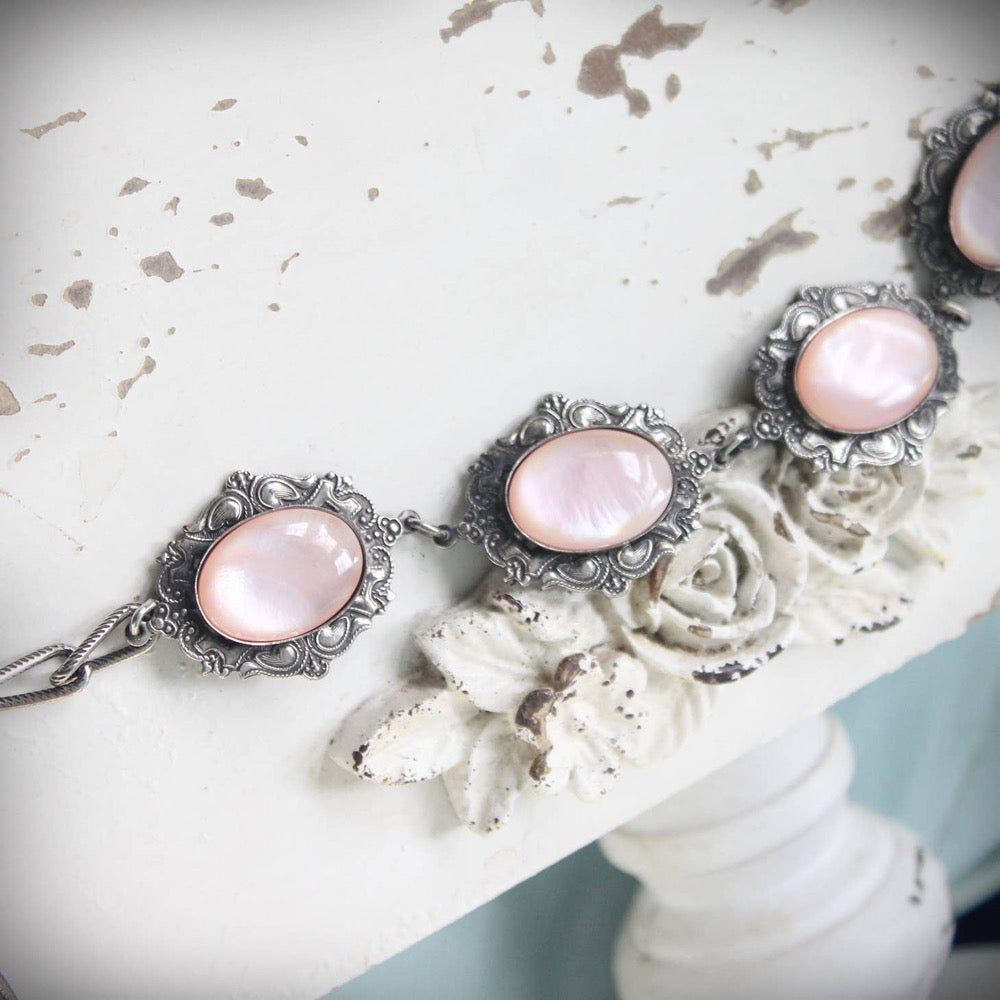 Bracelet, Pink Shell, Antique Silver Finish, Ornate Detailing