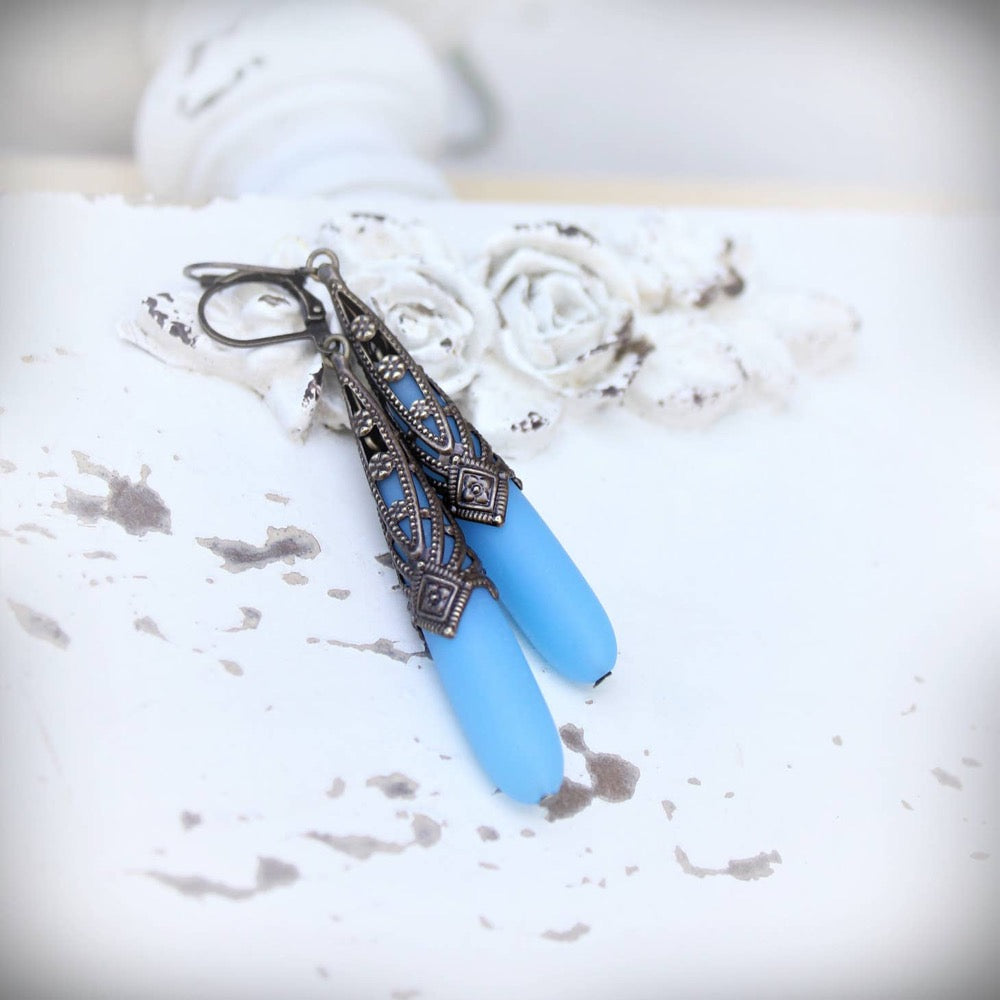 Earrings, Long Blue Frosted Glass, Art Deco Styling, Antique Finished