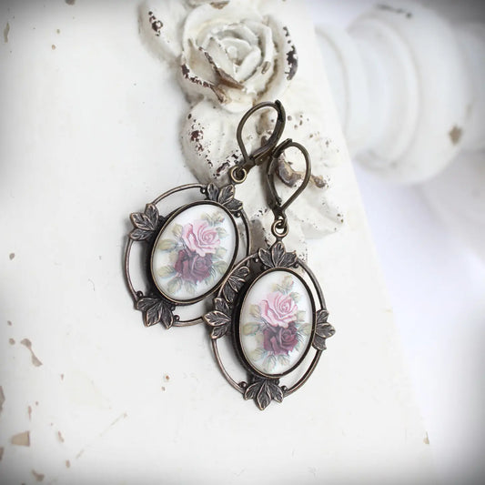 Earrings, Frosted Floral Cameo, Vintage Style