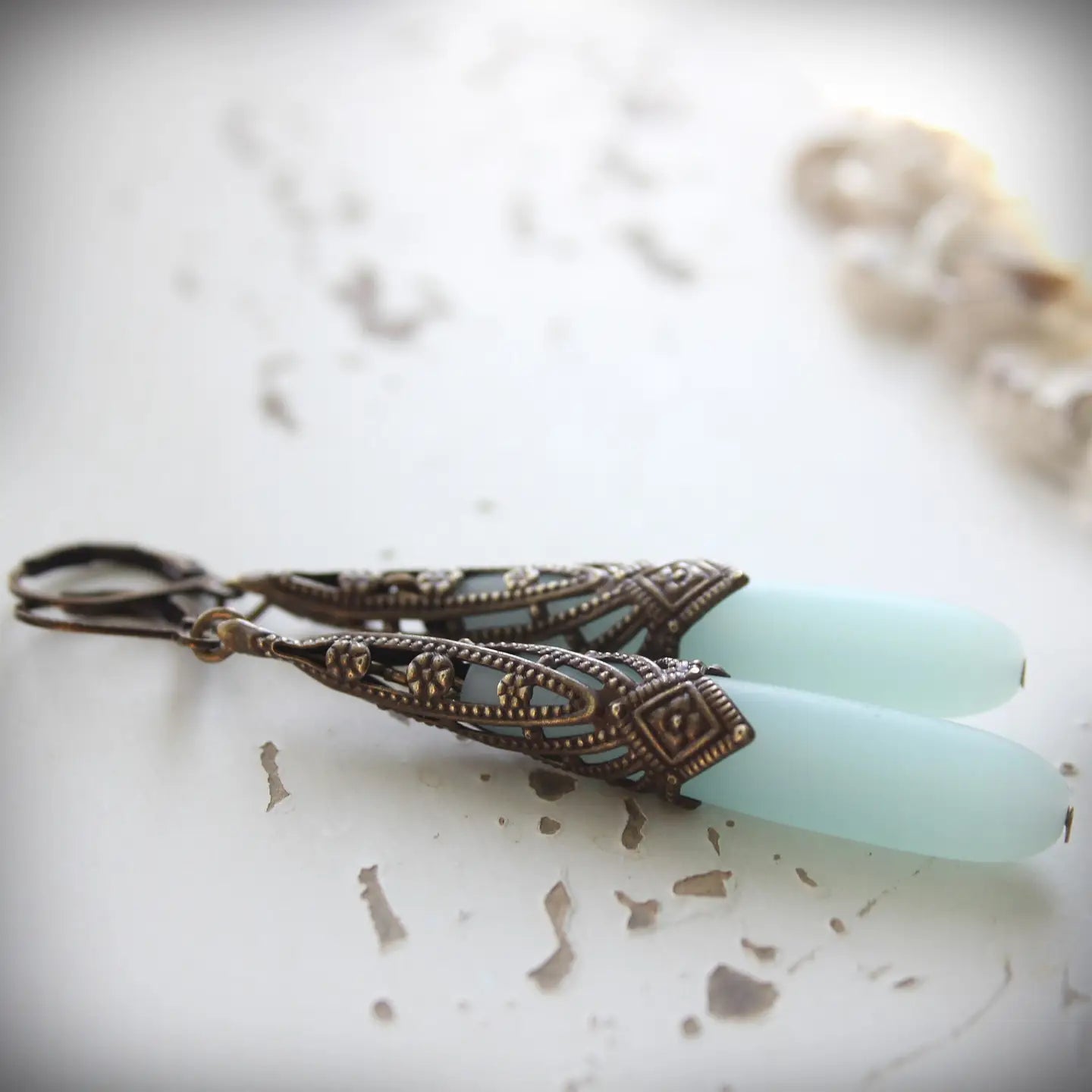 Earrings, Seafoam Blue Frosted Glass Drops, Art Deco Style