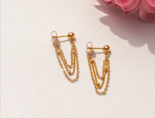 Earrings, Stud, Dangle Chain, 3 Chains, Gold Filled