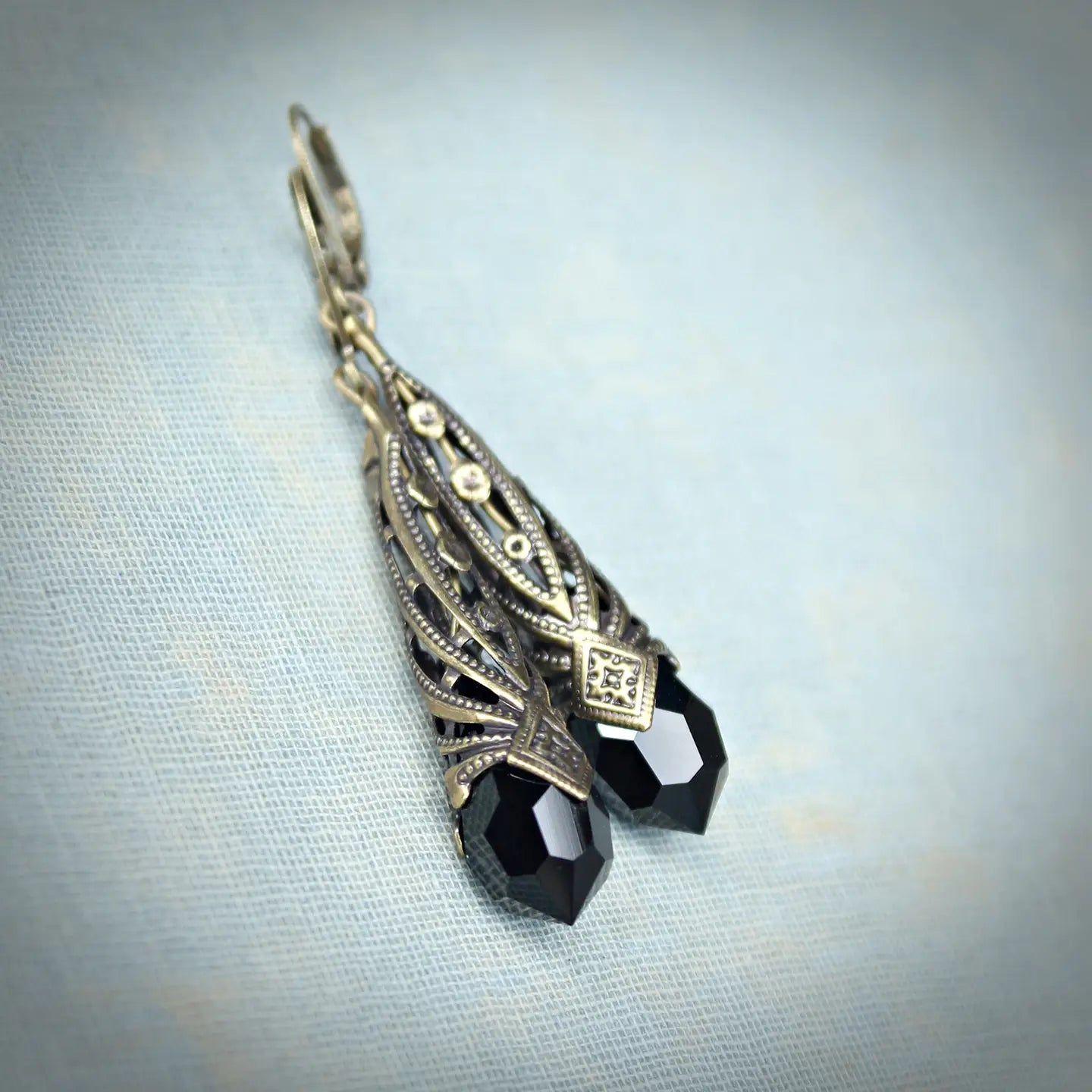 Earrings, Jet Black Crystal Drop, Art Deco Style