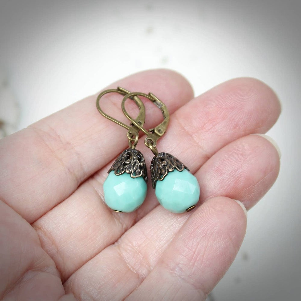 Earrings, Turquoise, Fire Polish Crystal, Vintage Style, Brass