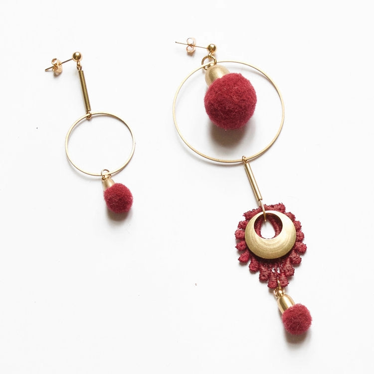 Earrings, Artillery, Stud, Hand Dyed Lace Pompoms, Brass