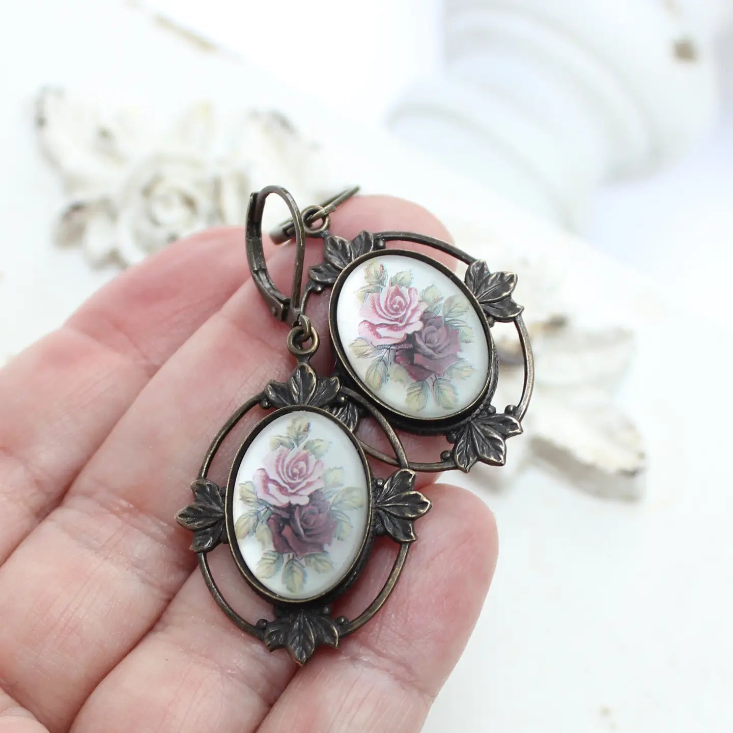 Earrings, Frosted Floral Cameo, Vintage Style