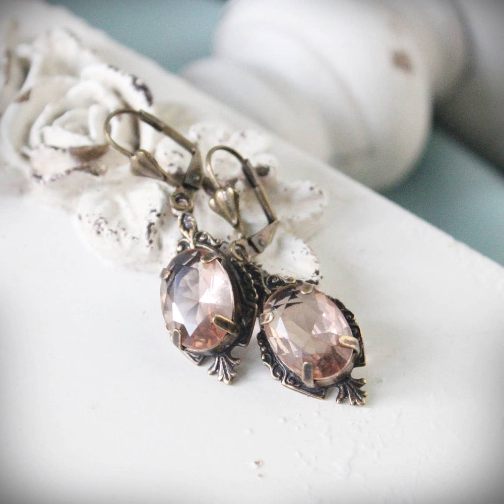 Earrings, Rosé Champagne Faceted Glass, Edwardian Style, Brass