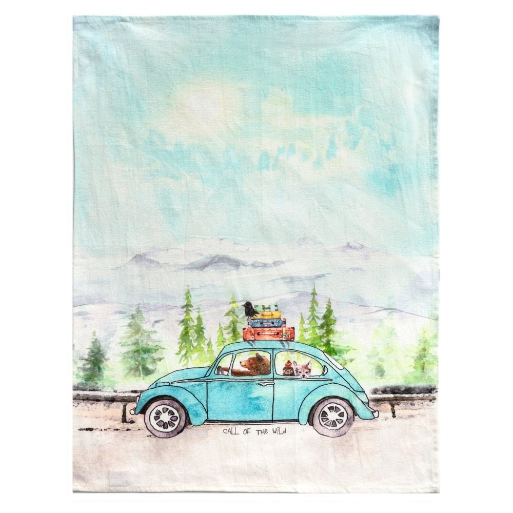 Tea Towels, Call of the Wild, Animals in Blue Car, Cotten