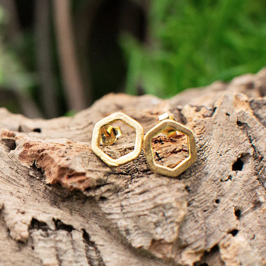 Earrings, Studs, Geo Hexagon, Gold Plated Sterling Silver