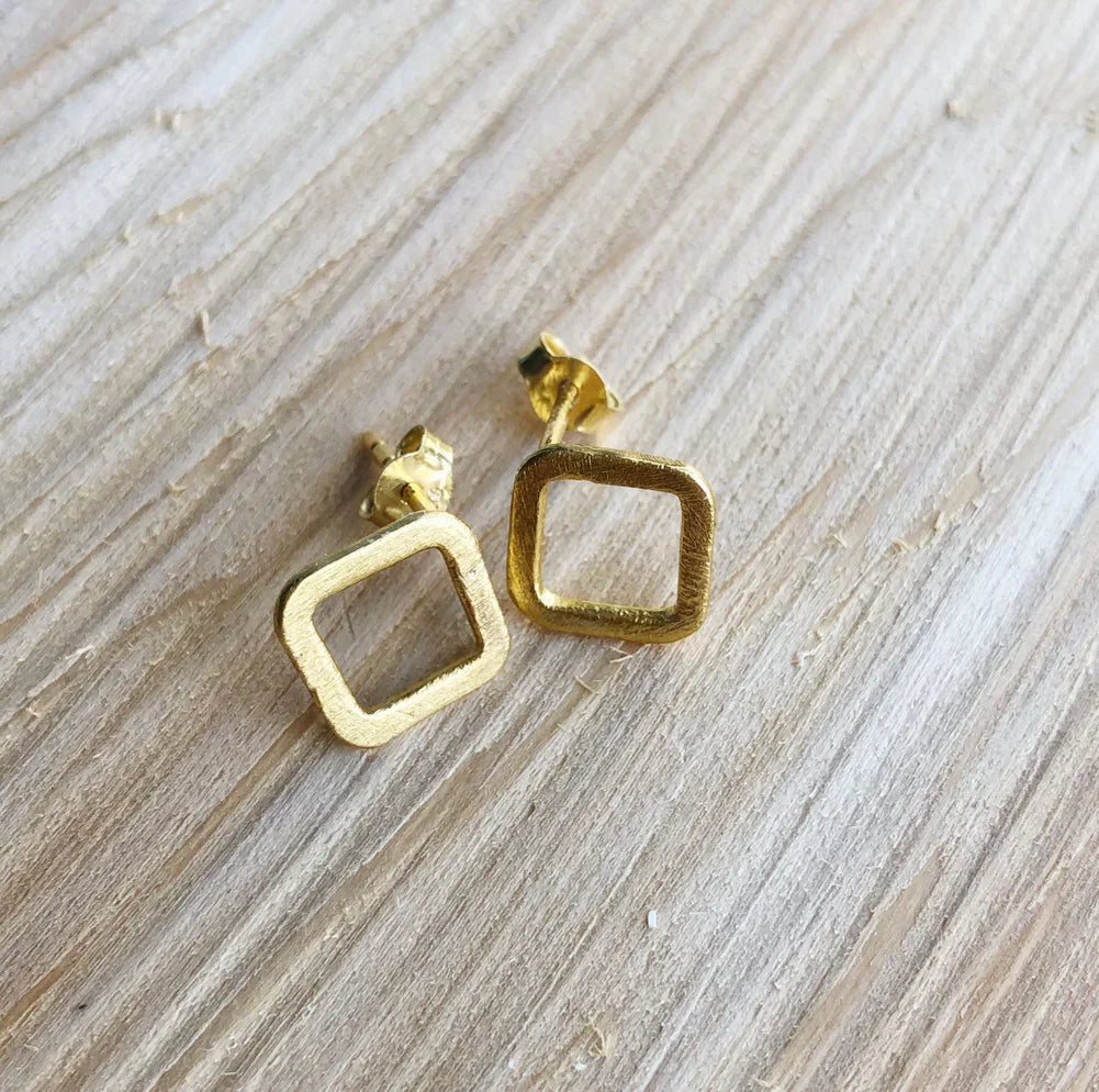 Earrings, Studs, Geo, Square, Gold Plated Sterling Silver