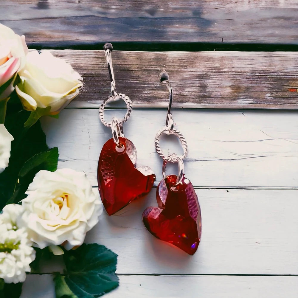 Earrings, Love Heart, Sterling Silver, Swarovski Crystal Heart