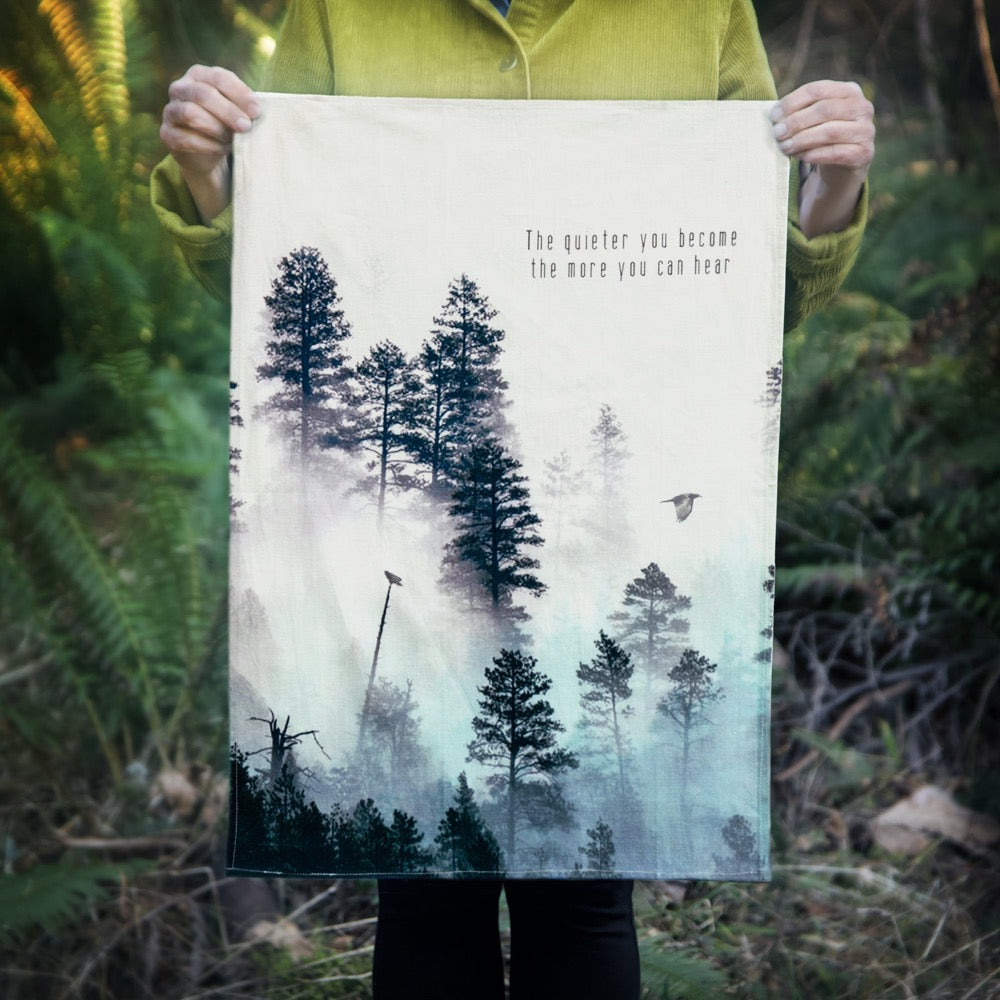Tea Towels, The Quieter You Become, Bird in Misty Forest, Cotton