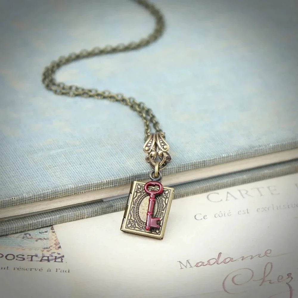 Red Key Miniature Book Locket Necklace