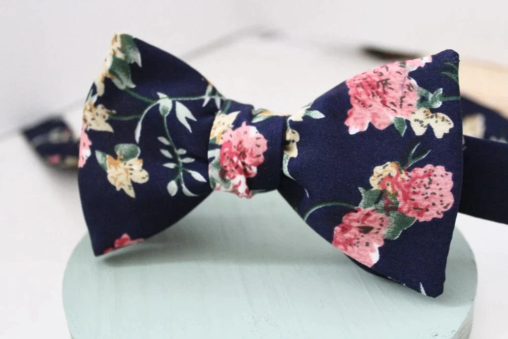 Bowtie, Navy and Pink Floral, Matte Satin