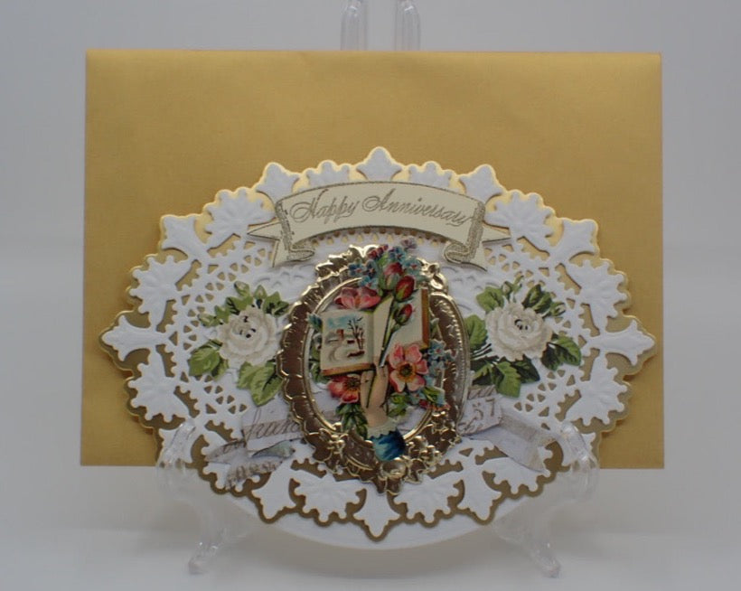 Birthday Card, Victorian Inspired, Rocker Card, Framed Book, "Happy Anniversary", Paper Craft
