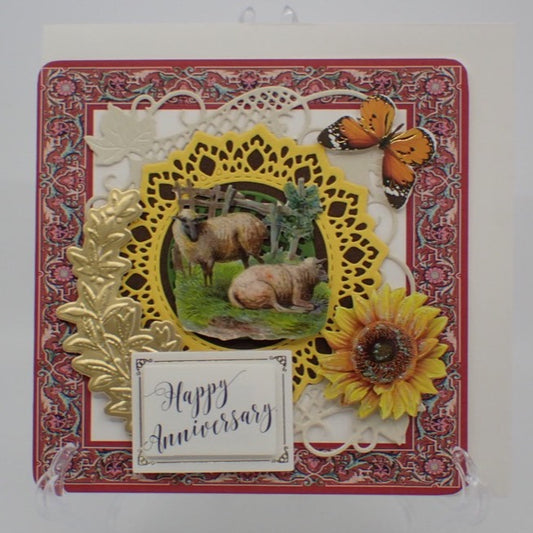 Anniversary Card, Victorian Inspired, Sunflower & Two Sheep, "Happy Anniversary", Paper Craft