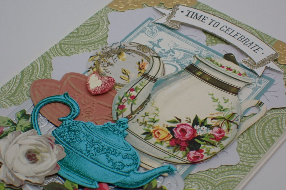 Anniversary Card, Victorian Inspired, Teatime, "Time to Celebrate", Paper Craft