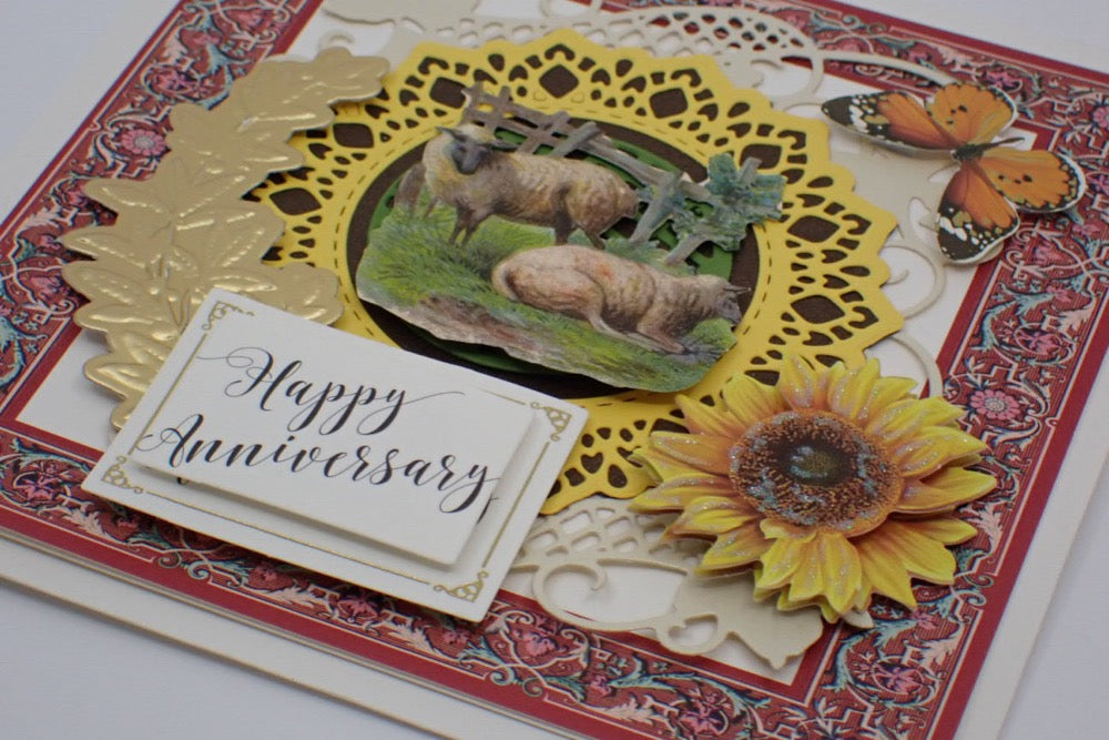 Anniversary Card, Victorian Inspired, Sunflower & Two Sheep, "Happy Anniversary", Paper Craft