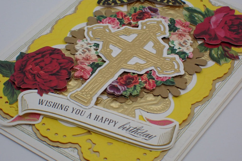 Birthday Card, Cross on Yellow, "Wishing You a Happy Birthday", Paper Craft