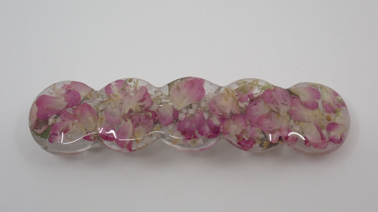 Barrette, Dried Flowers, Resin, Layered Heart, Circle and Square Shapes