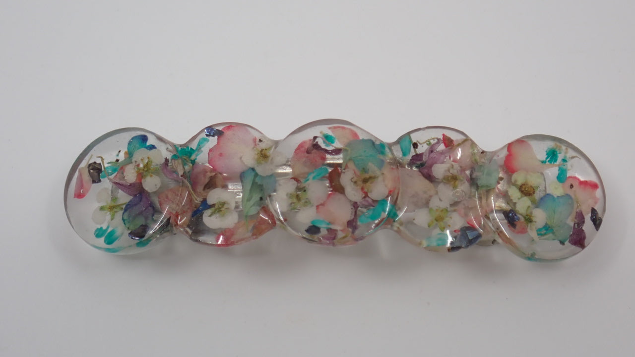 Barrette, Dried Flowers, Resin, Layered Heart, Circle and Square Shapes