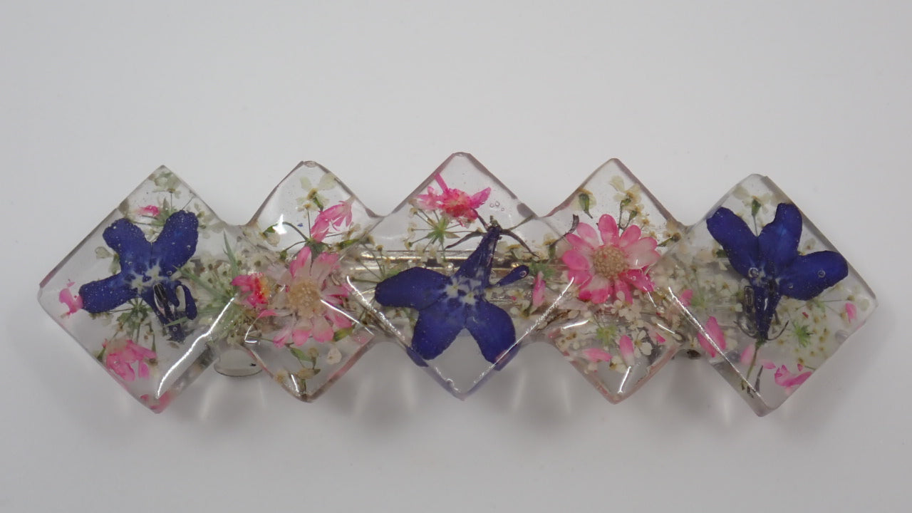 Barrette, Dried Flowers, Resin, Layered Heart, Circle and Square Shapes