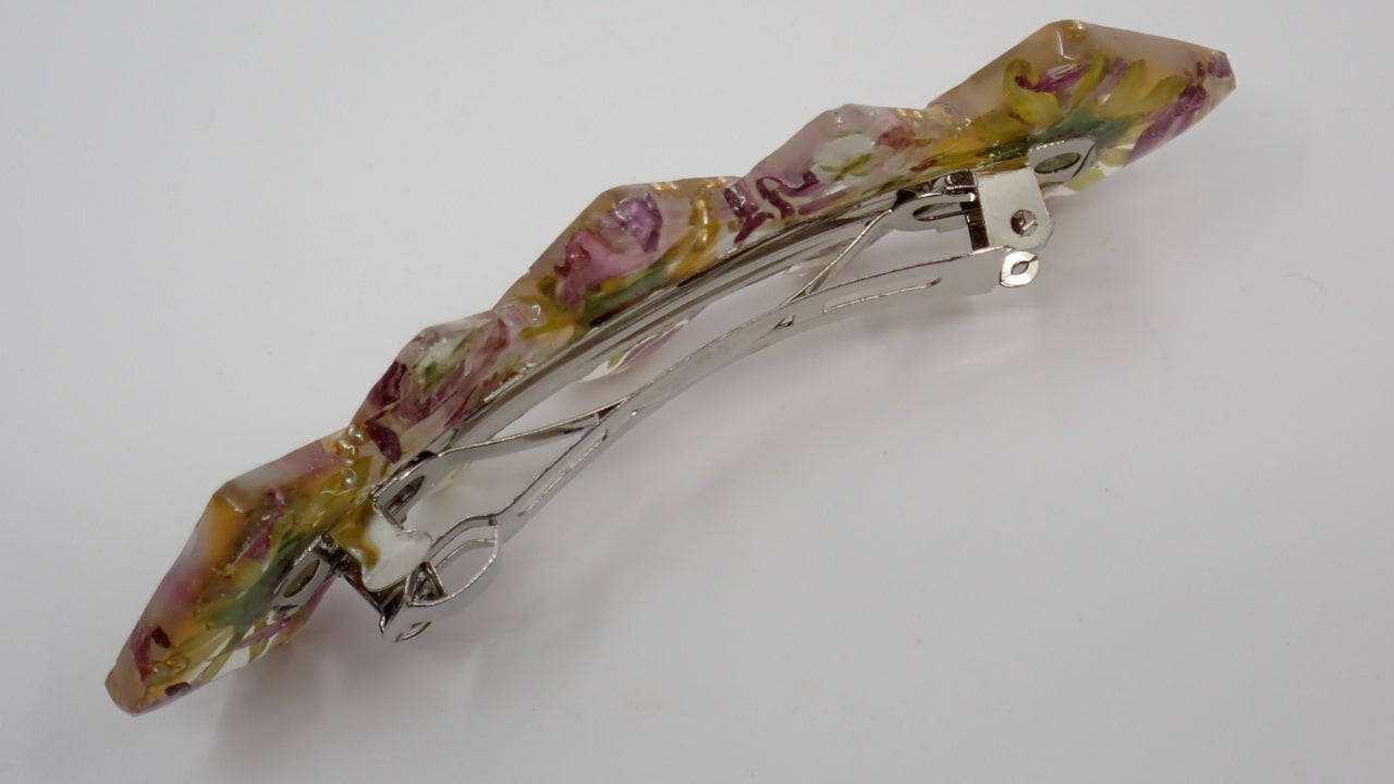 Barrette, Dried Flowers, Resin, Layered Heart, Circle and Square Shapes
